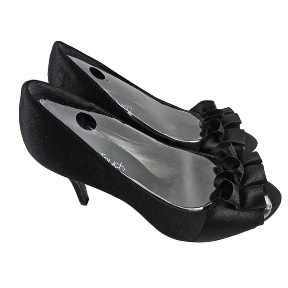 The Touch Of Nina Heels Women Size 8.5 Black Satin Peep Toe Ruffle Leather Sole - Picture 6 of 10